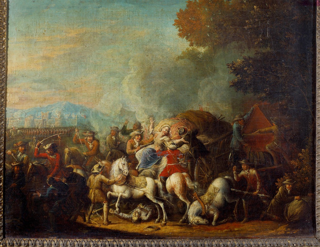 强盗对推车的袭击 路易斯·约瑟夫·华托 (Louis Joseph Watteau) 的绘画 里尔 (Watteau de Lille) (1731-1798) 18 世纪兰斯，美术博物馆 作者 路易斯·约瑟夫·华托