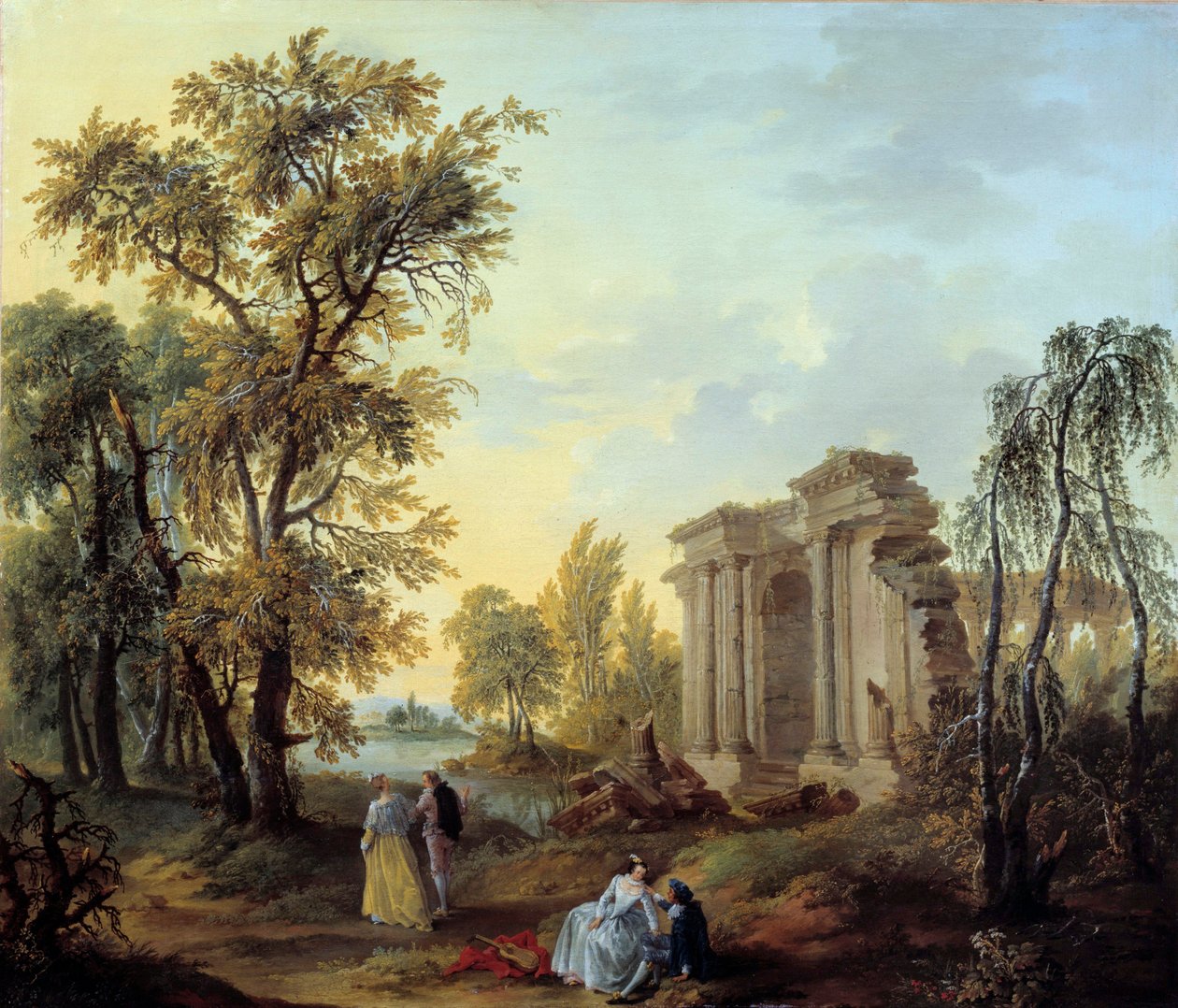 由 Louis Joseph Watteau di Watteau de Lille (1731-1798) 创作的 Walk Champetre 绘画，18 世纪。 Sun 1.02x0.8 m 马赛，美术博物馆 作者 路易斯·约瑟夫·华托