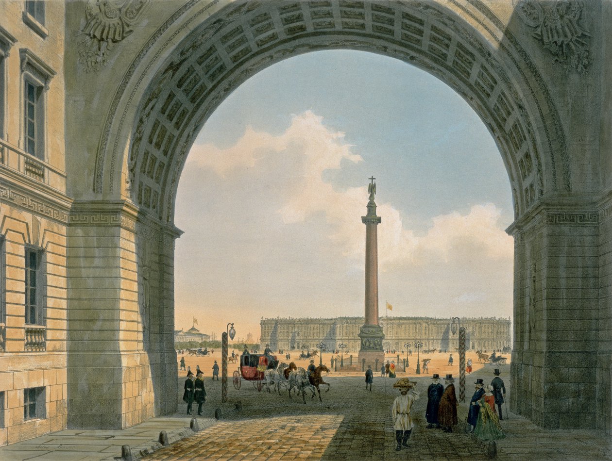 宫殿广场，从圣彼得堡陆军总部拱门的视图，由Lemercier，巴黎，1840年代印刷（彩色光刻） 作者 路易斯·朱尔斯·阿诺特