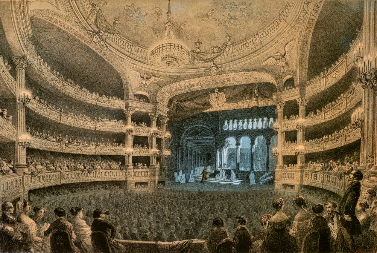 The Imperiale Academy of Music, theatre of the Opera, during a performance of “Robert le Diable” (1831). Lithography in colour. 作者 路易斯·朱尔斯·阿诺特