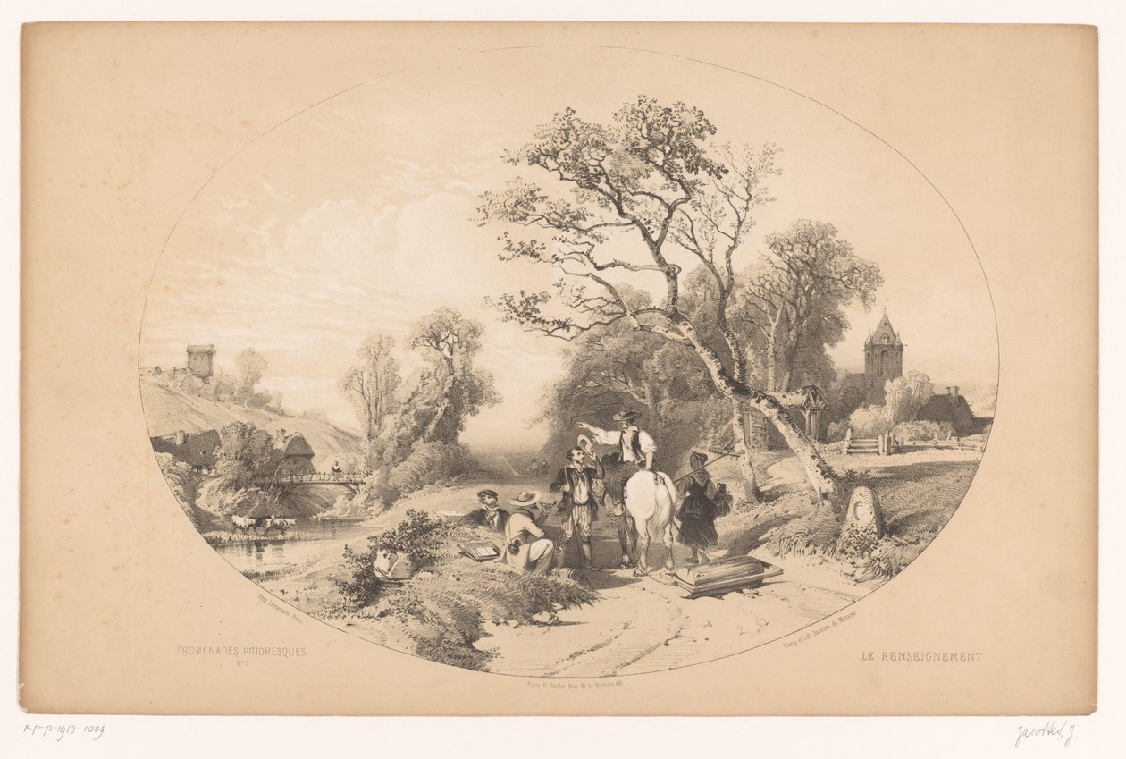 骑手询问路况信息
Le renseignement（物品上的标题）
风景如画的散步（系列标题）
风景如画的散步路（对象上的系列标题） 作者 路易斯·朱利安·贾科特（Louis Julien Jacottet）