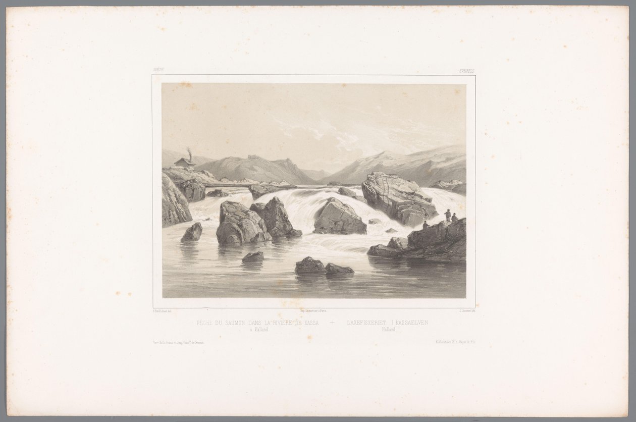 哈兰德卡萨河上的鲑鱼渔民
Pêche du saumon dans la rivière de Kassa à Halland / Laxefiskeriet i Kassaelven, Halland（物上标题）
斯堪的纳维亚的面孔（系列标题）
Vues du Nord.Suède （系列标题） 作者 路易斯·朱利安·贾科特（Louis Julien Jacottet）