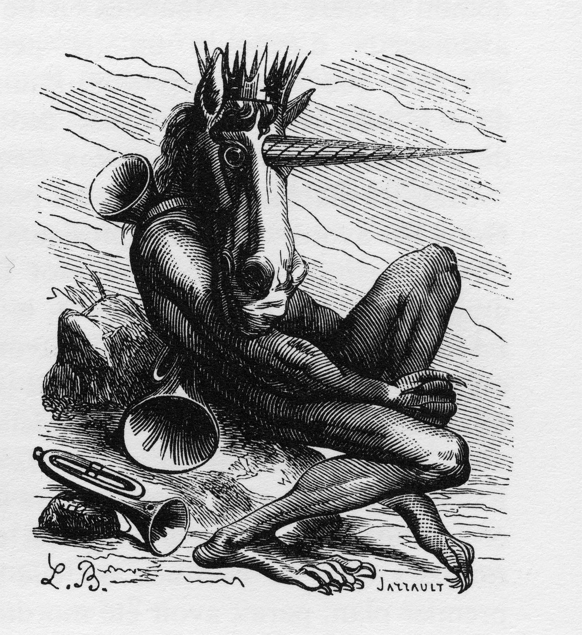 Ars Goetia中的AMDUSCIAS恶魔--Amdusias--源自goetie信仰的恶魔（召唤恶魔的艺术和实践）--载于Collin de Plancy的《地狱词典》--L. Breton的雕刻。巴黎 作者 路易斯·勒布雷顿