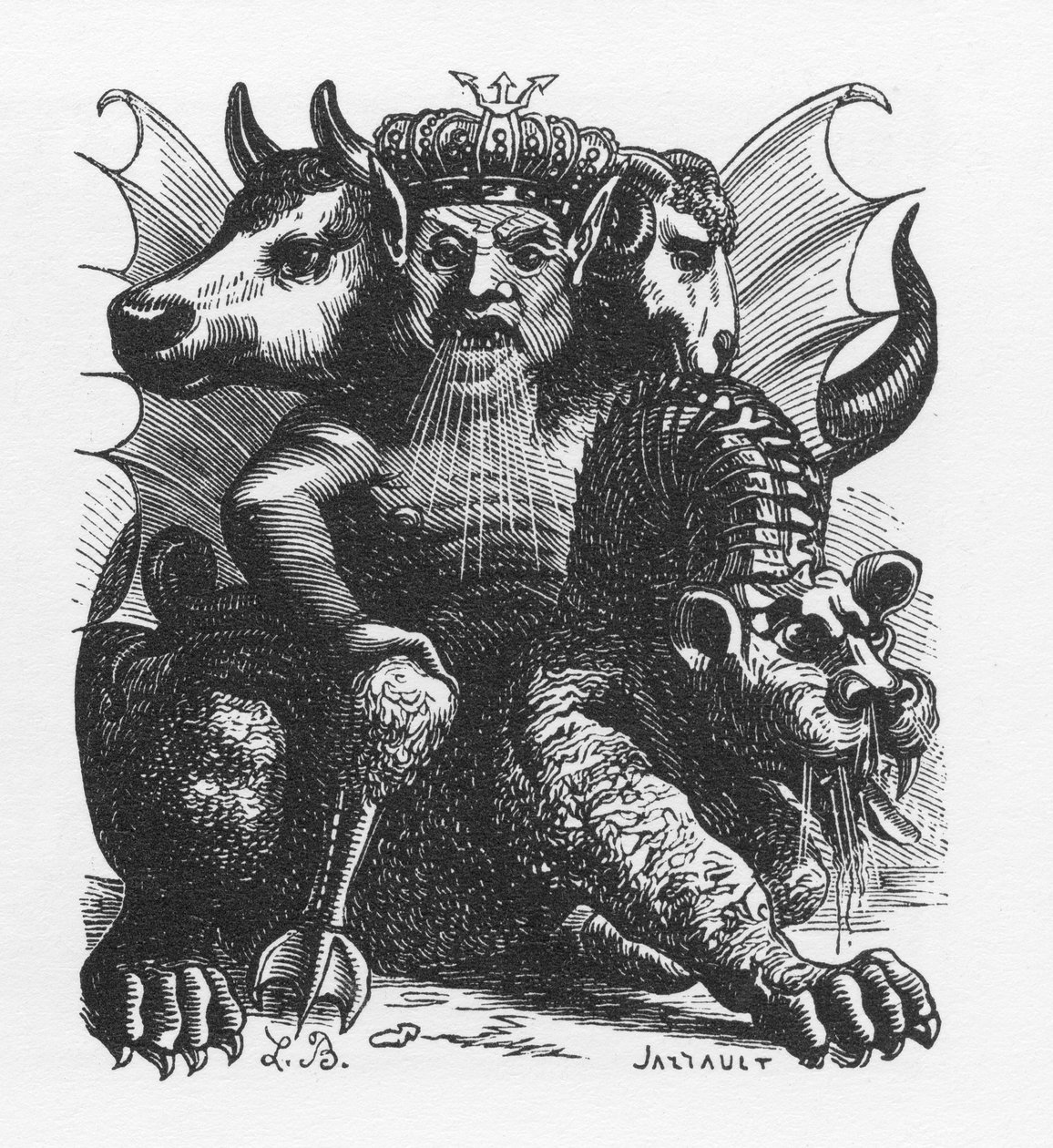 圣经》中的阿斯莫德恶魔--阿斯莫德或阿什梅代的恶魔之王--载于科林-德-普朗西的《无间道词典》--L-布勒东的雕刻。巴黎 作者 路易斯·勒布雷顿