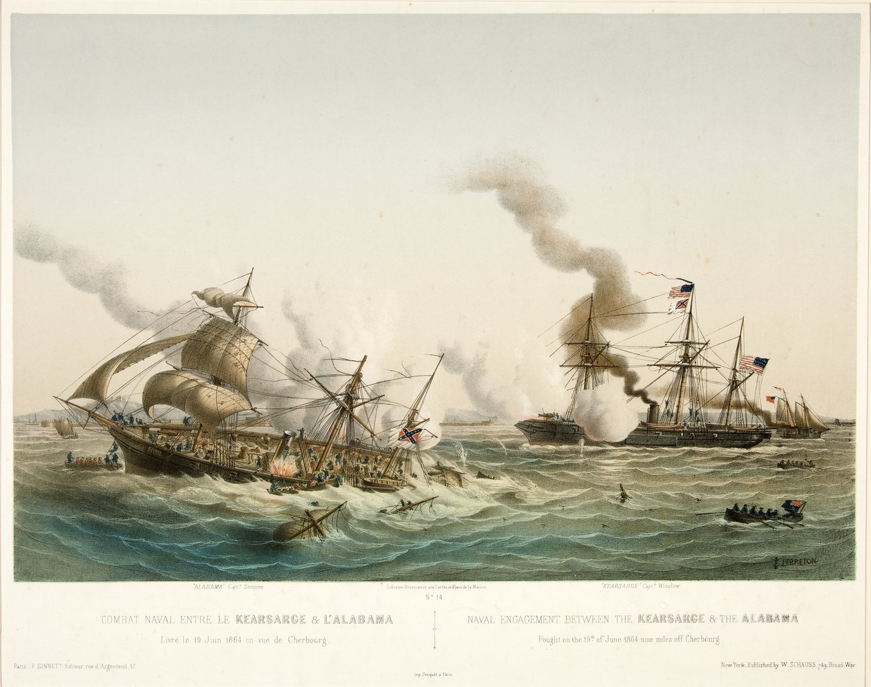 战斗Naval entre le Kearsage＆l？Alabama，pub。 1864年（彩色石版画） 作者 路易斯·勒布雷顿