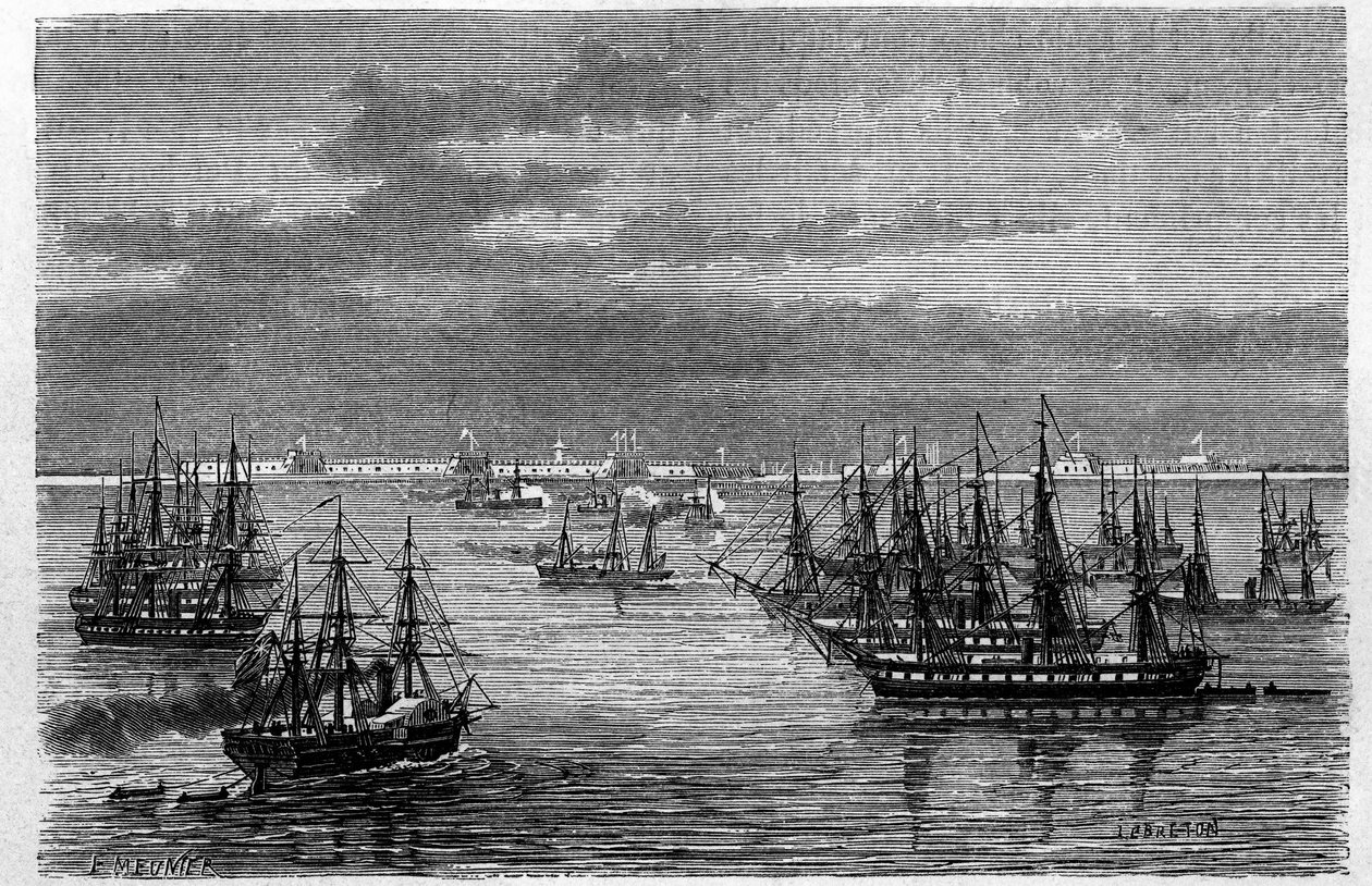 法国盎格鲁中队在中国塘沽渤海海河口的景色。 Lebreton 的雕刻，在“Le Tour du Monde, Nouveau journal des Voyages””，Edouard Charton 编辑，巴黎 作者 路易斯·勒布勒东