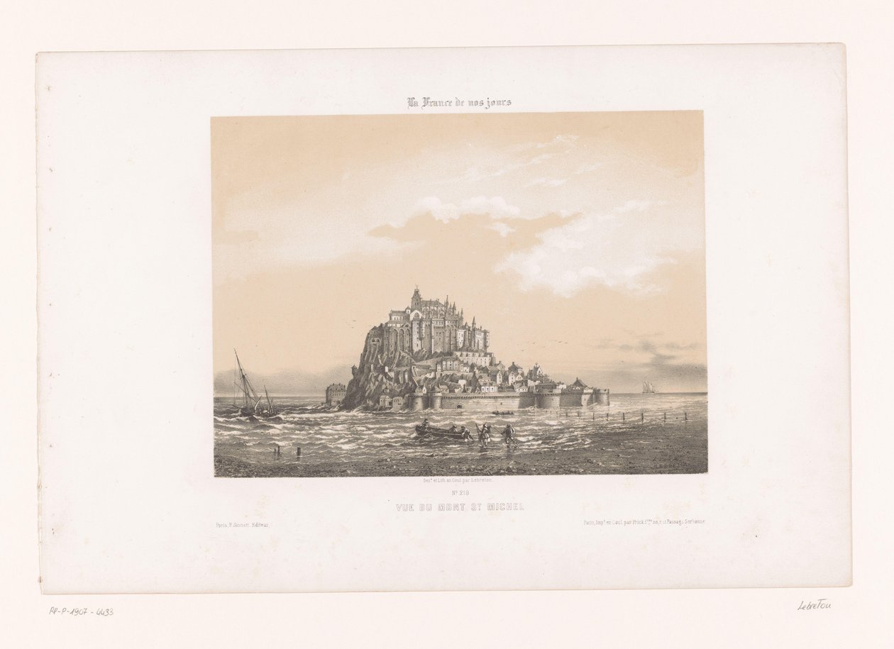 圣米歇尔山的景色 Vue du Mont St. Michel（物体上的标题） 当代法国（系列名称） La France de nos jours（物体上的系列标题） 作者 路易斯·勒布勒东