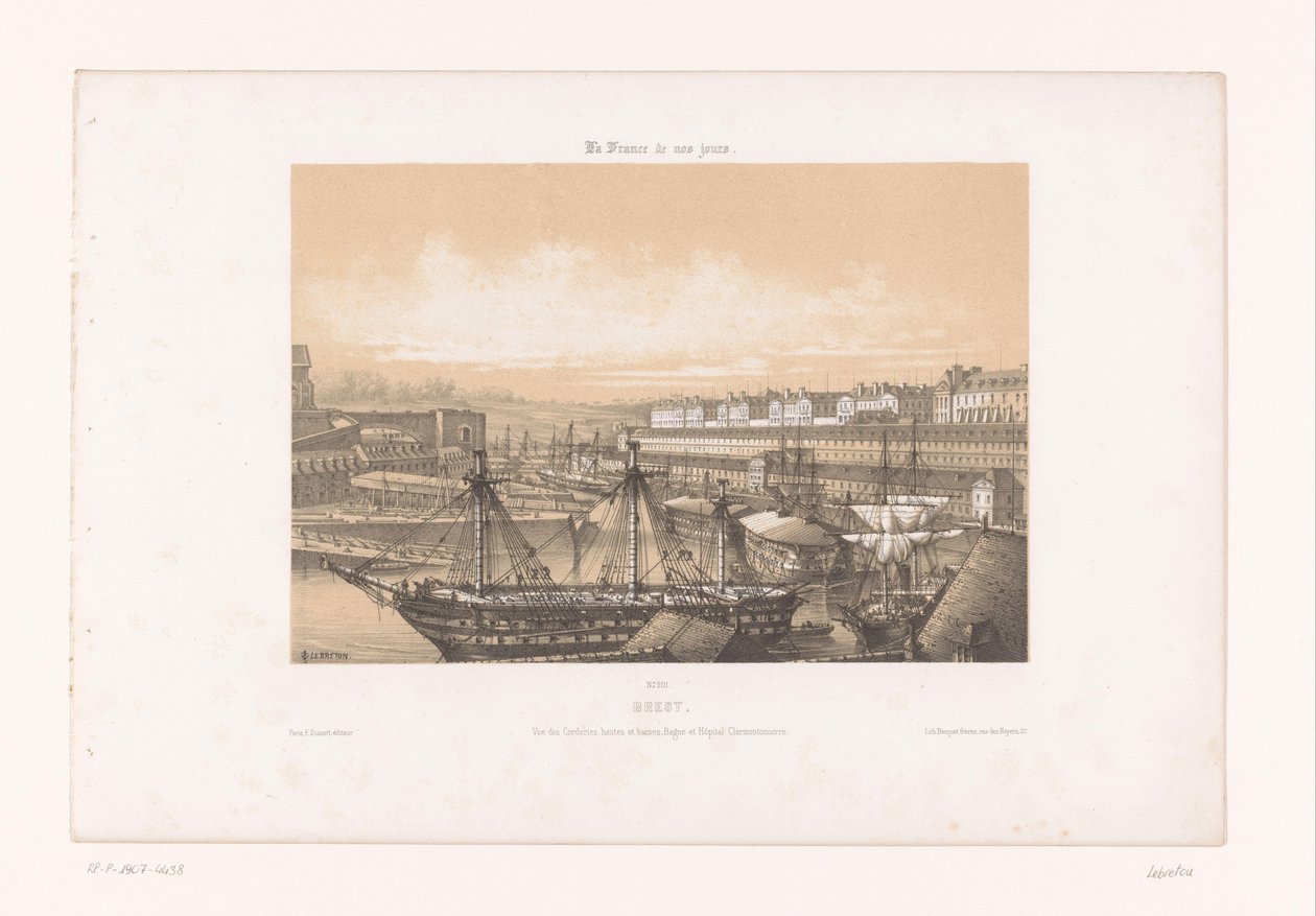 布雷斯特港附近的兵工厂景观
布雷斯特。Vue des Corderies hautes et basses, Bagne and Hôpital Clermontonnerre（物上标题）
当代法国（系列名称）
今日法国（文物上的系列名称） 作者 路易斯·勒布勒东