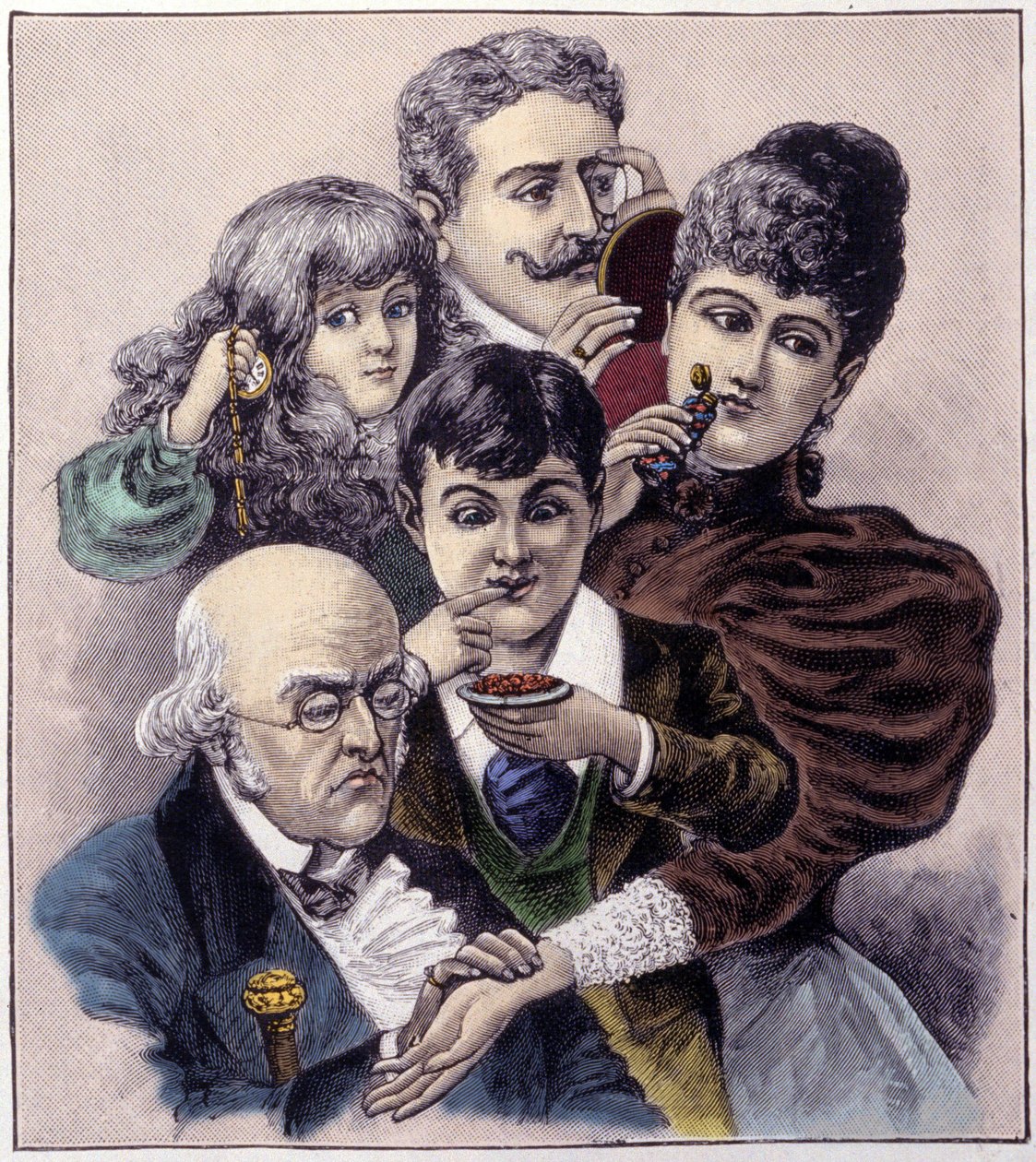 Louis leopold Bailly的五种感官（触觉、听觉、嗅觉、味觉和视觉）的表现。1894年的雕版画。 作者 路易斯·利奥波德（后）博伊（Boilly）