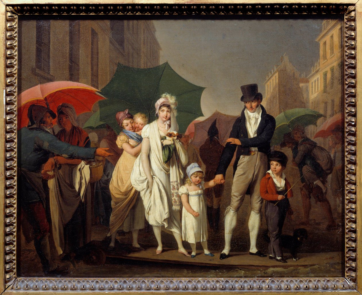 穿着巴黎总理帝国时装的布尔乔亚人在雨中保护自己。画家：Louis leopold Boilly (1761-1845) 19世纪 太阳。0,32x0,4米 - 倾盆大雨。穿着第一帝国时装的巴黎资产阶级在保护自己的身体。 作者 路易斯·利奥波德·博伊