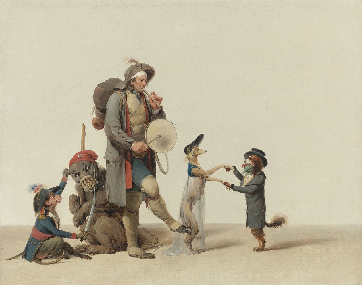 路易-利奥波德 (Louis-Leopold，1761-1845 年) 的《带舞狗、熊和猴子的驯兽师》。 布面油画，尺寸：32,4x40,6 cm - 私人收藏 作者 路易斯·利奥波德·博伊