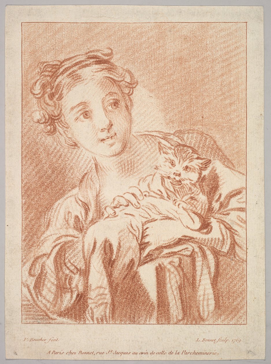 拿着猫的一个女孩，1769年。 作者 路易·马林·邦内特