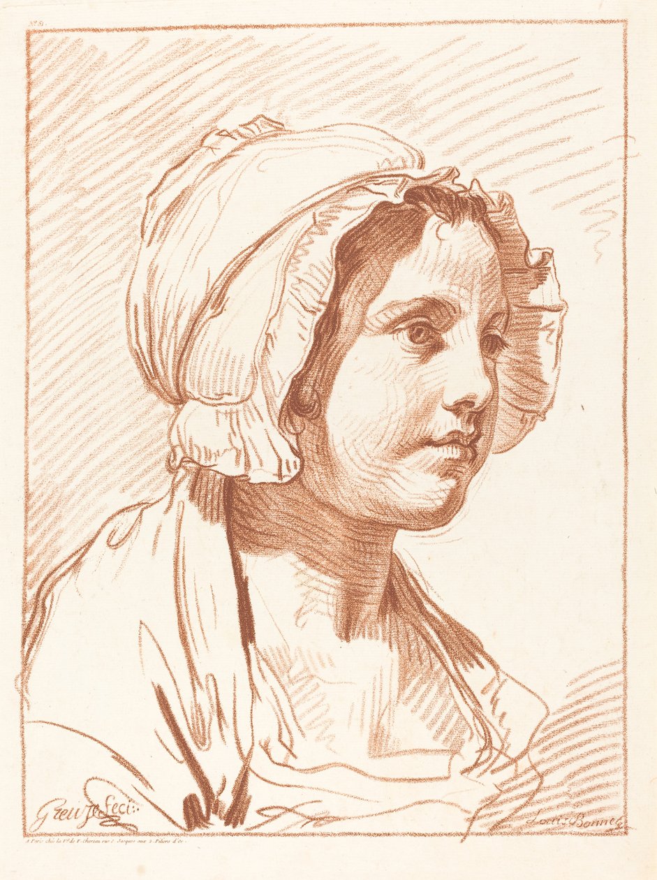 戴帽子的年轻女子的头像 作者 让·巴蒂斯特·格鲁兹（Jean Baptiste Greuze）之后的路易·马林·博内特