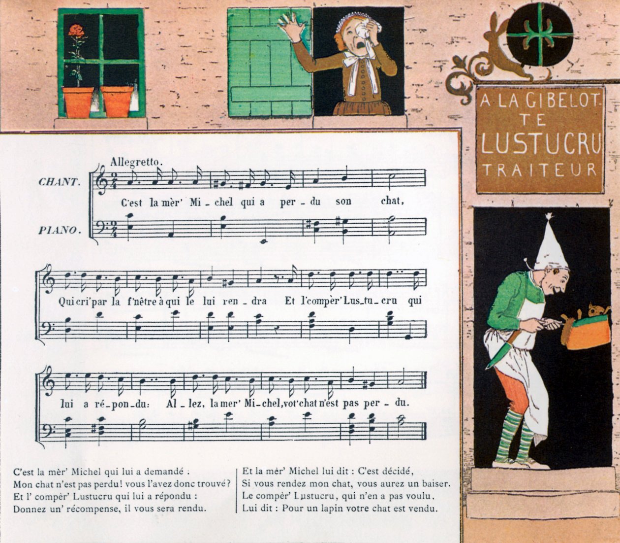 儿童歌曲《La mere Michel》的乐谱和插图 作者 路易斯·莫里斯·布泰·德·蒙维尔