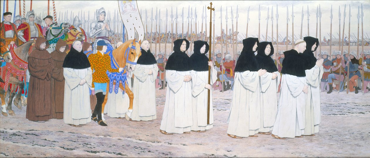 马背上的女仆，来自圣女贞德系列C，c.1905-11（画布上的油画和金箔） 作者 路易斯·莫里斯·布泰·德·蒙维尔