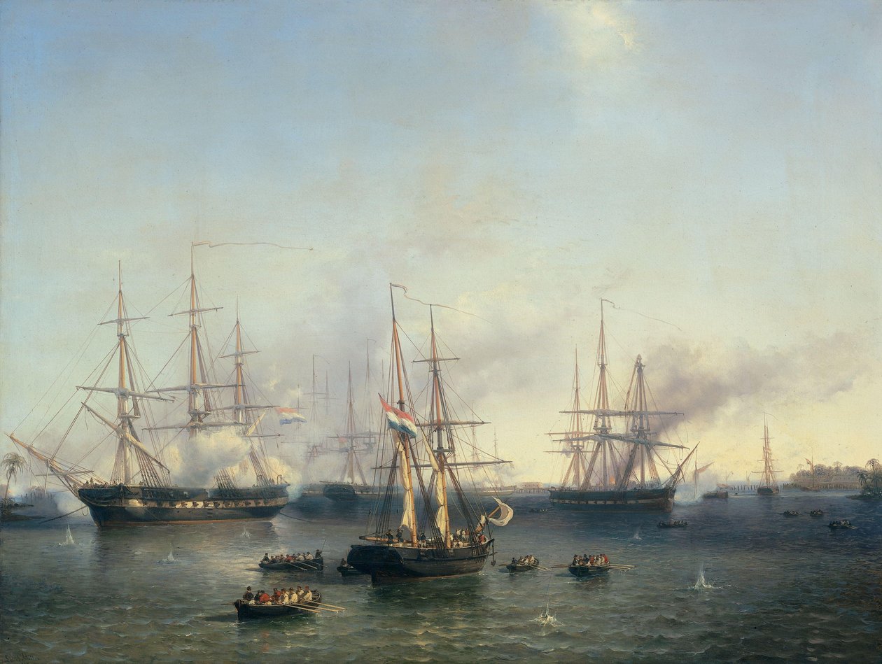 1821 年 6 月 24 日，德科克中将征服印度尼西亚苏门答腊岛巨港 作者 Louis Meijer（艺术家签名）