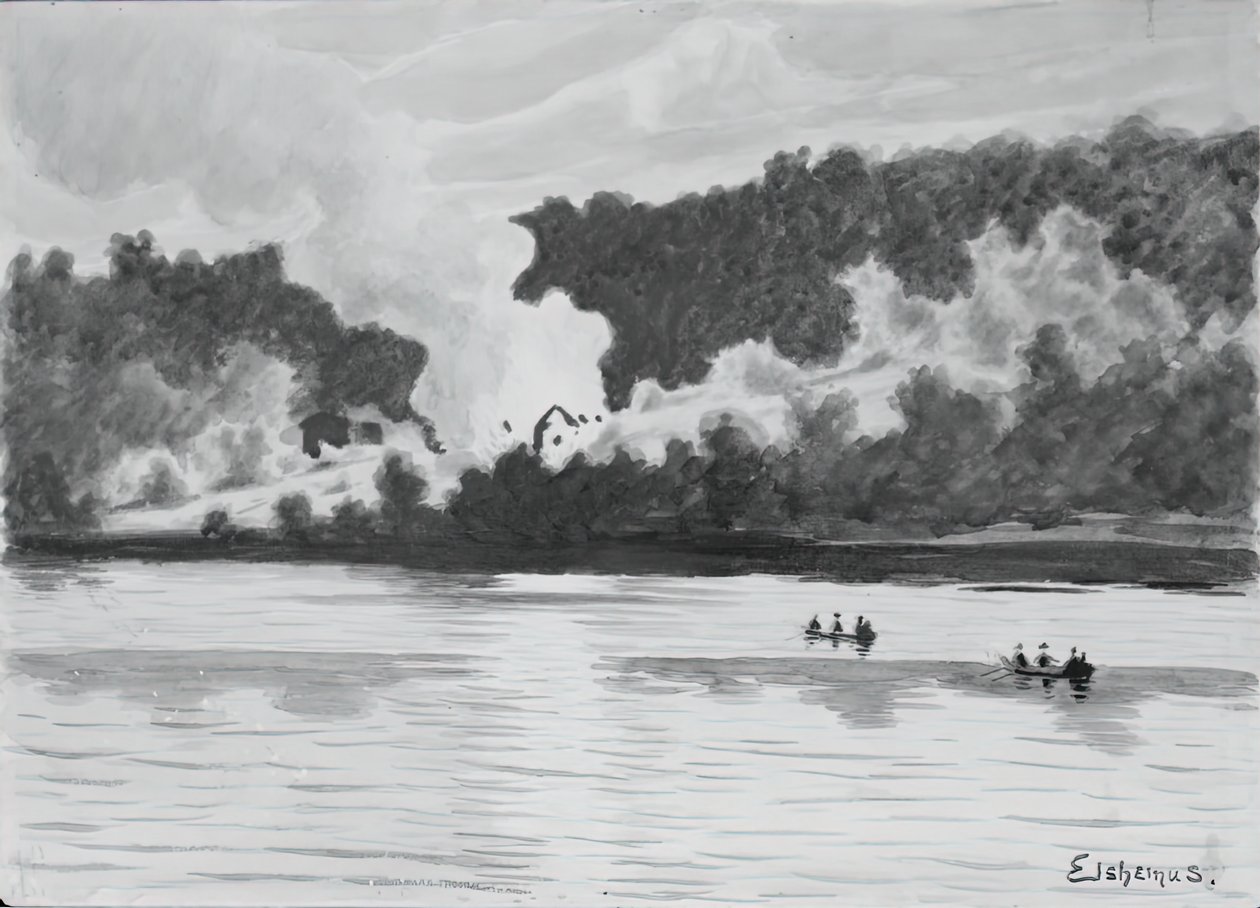 从康涅狄格州东莱姆看到的火灾，1900年。 作者 路易斯·米歇尔·伊尔西缪斯