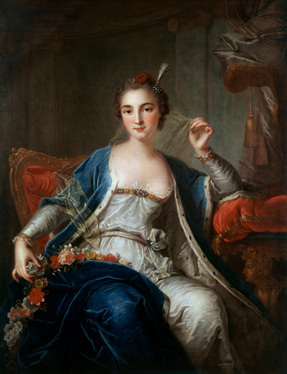 萨勒小姐 1737 年的肖像。 Louis Michel Van Loo 的绘画 (1707 - 1771) 作者 路易斯·米歇尔·范·卢