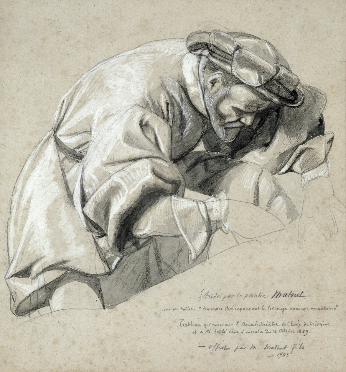 研究Ambroise Pare（c.1510-90）“现代外科之父”（木炭和白色粉笔在纸上洗） 作者 路易斯·尼古拉斯·马特（Louis Nicolas Matout）