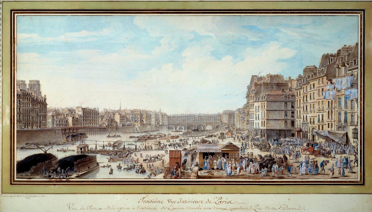 Louis Nicolas de Lespinasse（1734-1808 年）在巴黎水彩画中从旧马尔凯 aux veaux 向巴黎圣母院桥拍摄的鲸鱼港口视图。 1782. 巴黎，卡纳瓦莱博物馆 作者 路易斯·尼古拉斯·德·莱斯皮纳斯