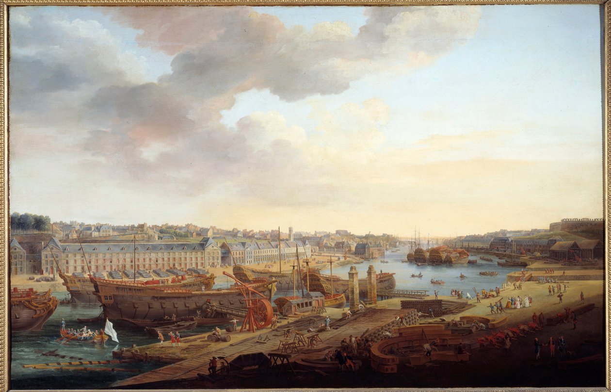造船厂：““布雷斯特港””路易斯·尼古拉斯·范·布拉伦伯格（Louis Nicolas van Blarenberghe）（1716-1794）1774 年的绘画。 1.25x1.93 m 布雷斯特，美术博物馆 作者 路易斯·尼古拉斯·范·布拉伦伯格