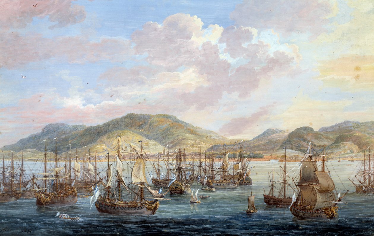 在圣多明各细节中欣赏法兰西角 (Cap de la Republique) 市海景。 Louis Nicolas Van Blarenberghe (1716-1794) 的绘画 1779 年拉罗谢尔，新世界博物馆 - 法兰西角（Cap de la Republique）城市景观，海上 vi 作者 路易斯·尼古拉斯·范·布拉伦伯格