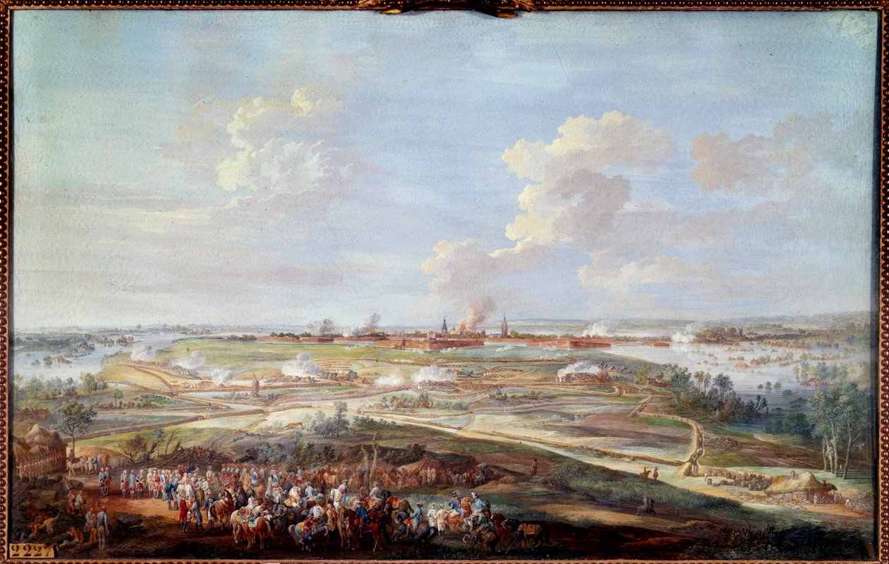 路易十五在 1744 年 5 月 28 日至 6 月 4 日期间围攻梅宁的视图 路易斯·尼古拉斯·范·布拉伦贝格（Louis Nicolas Van Blarenberghe，1716-1794）的水粉画 1780 年 0.59 x 0.94 米 作者 路易斯·尼古拉斯·范·布拉伦伯格