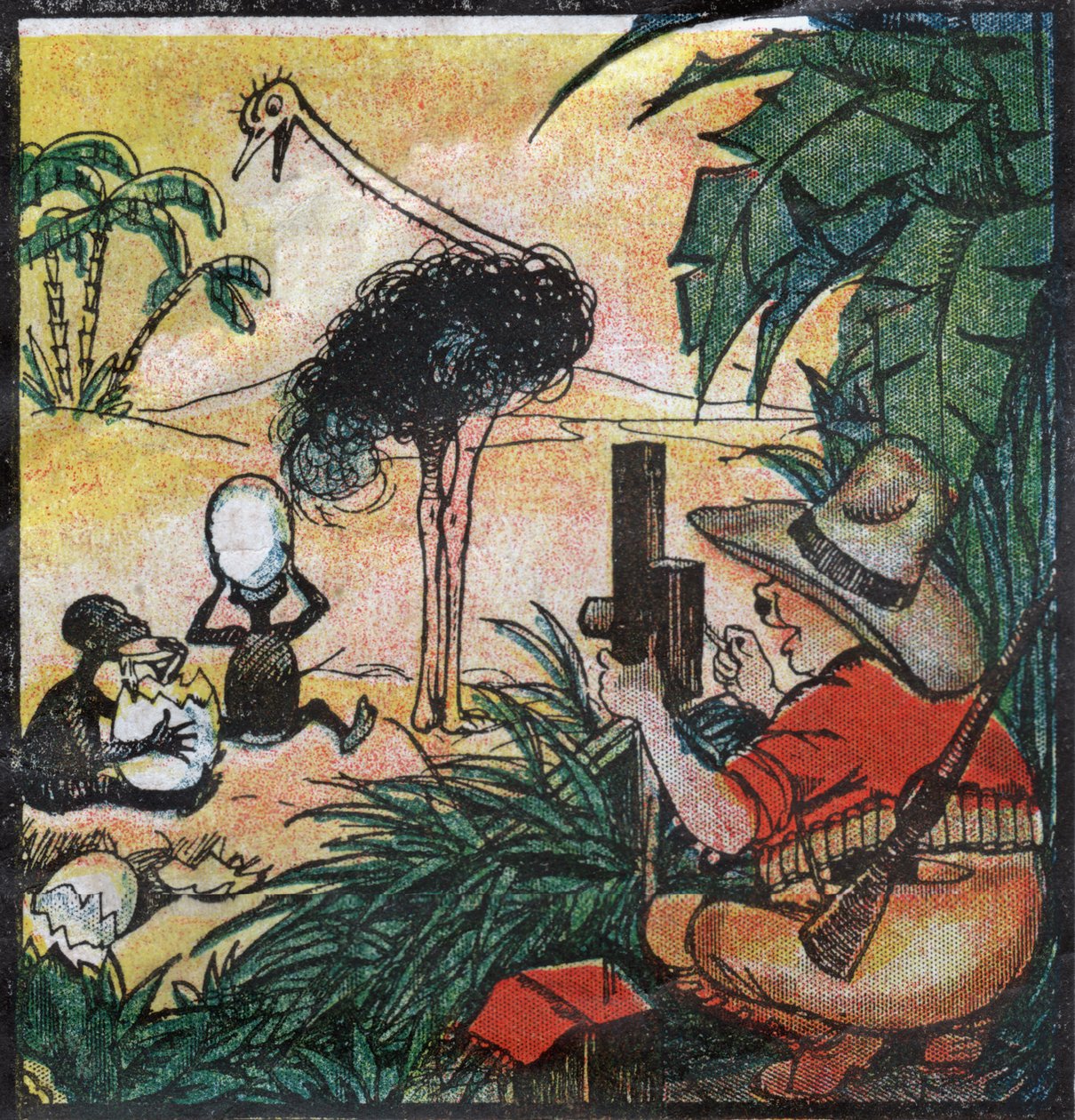 欧洲殖民者内斯特·芬勒罗克（Nestor Fenleroc）在非洲拍摄鸵鸟。 1923年（雕刻） 作者 路易斯·珀尔帖