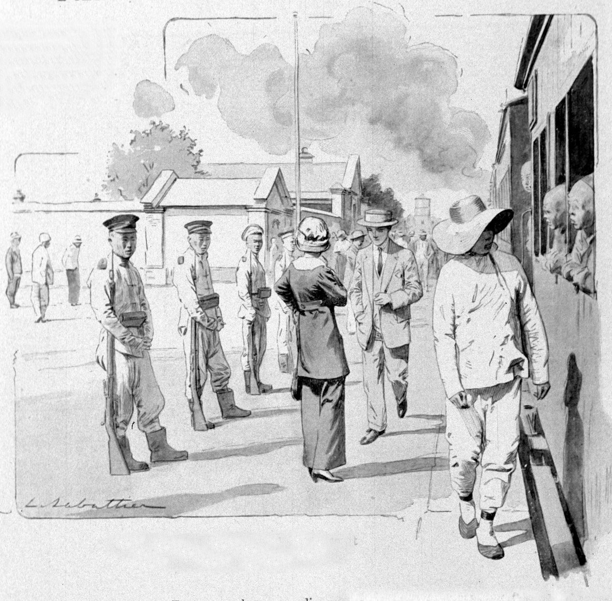 A Chinese conductor at a stop on the Transsiberian. 1913. Illustration by Sabattier. 作者 路易·雷米·萨巴蒂尔