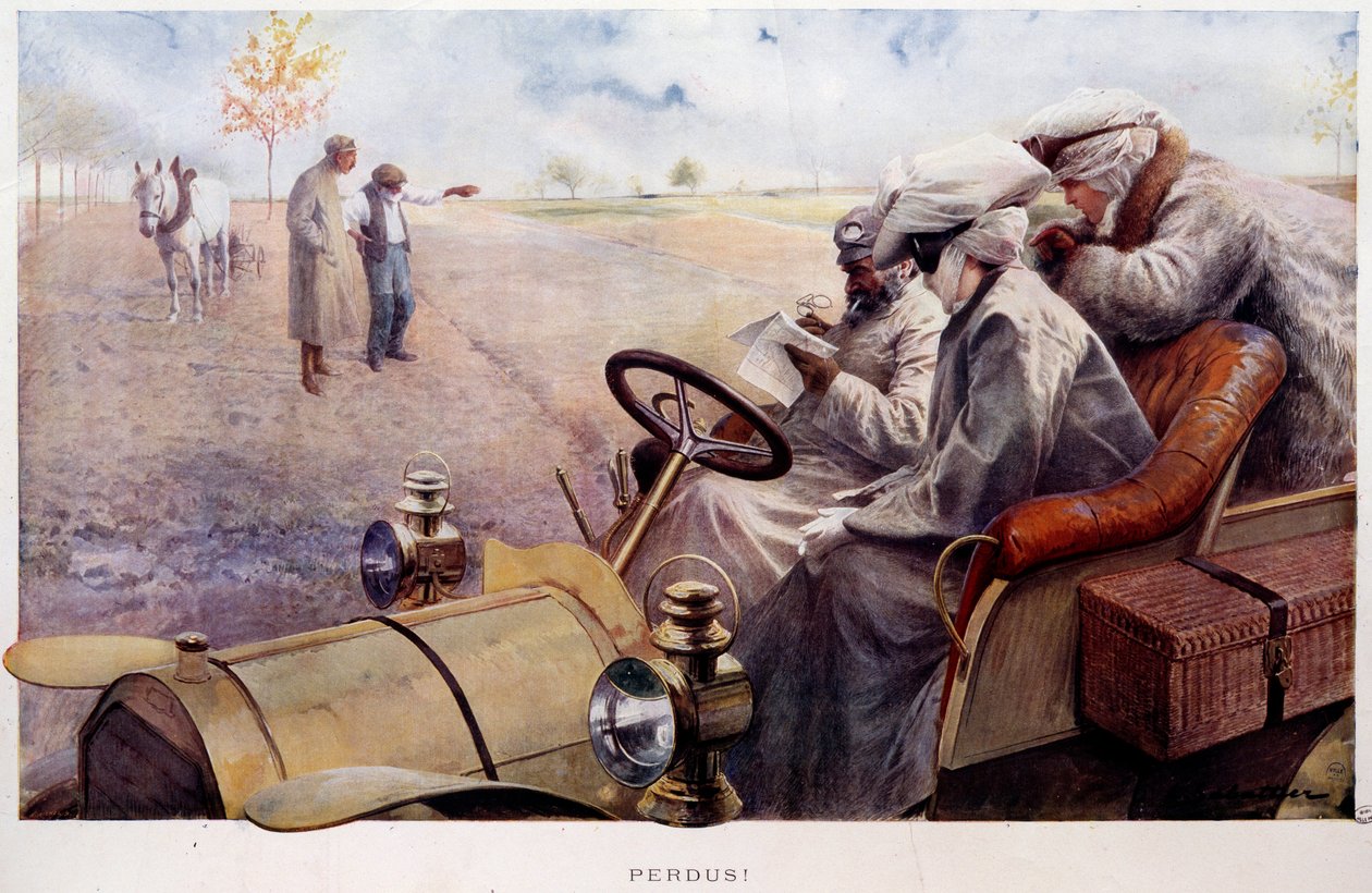 丢失的！ 旅行者在乡村寻找道路。 由 Louis Remy Sabattier (1863-1935) 雕刻，20 世纪初。 巴黎，卡纳瓦莱博物馆 作者 路易·雷米·萨巴蒂尔