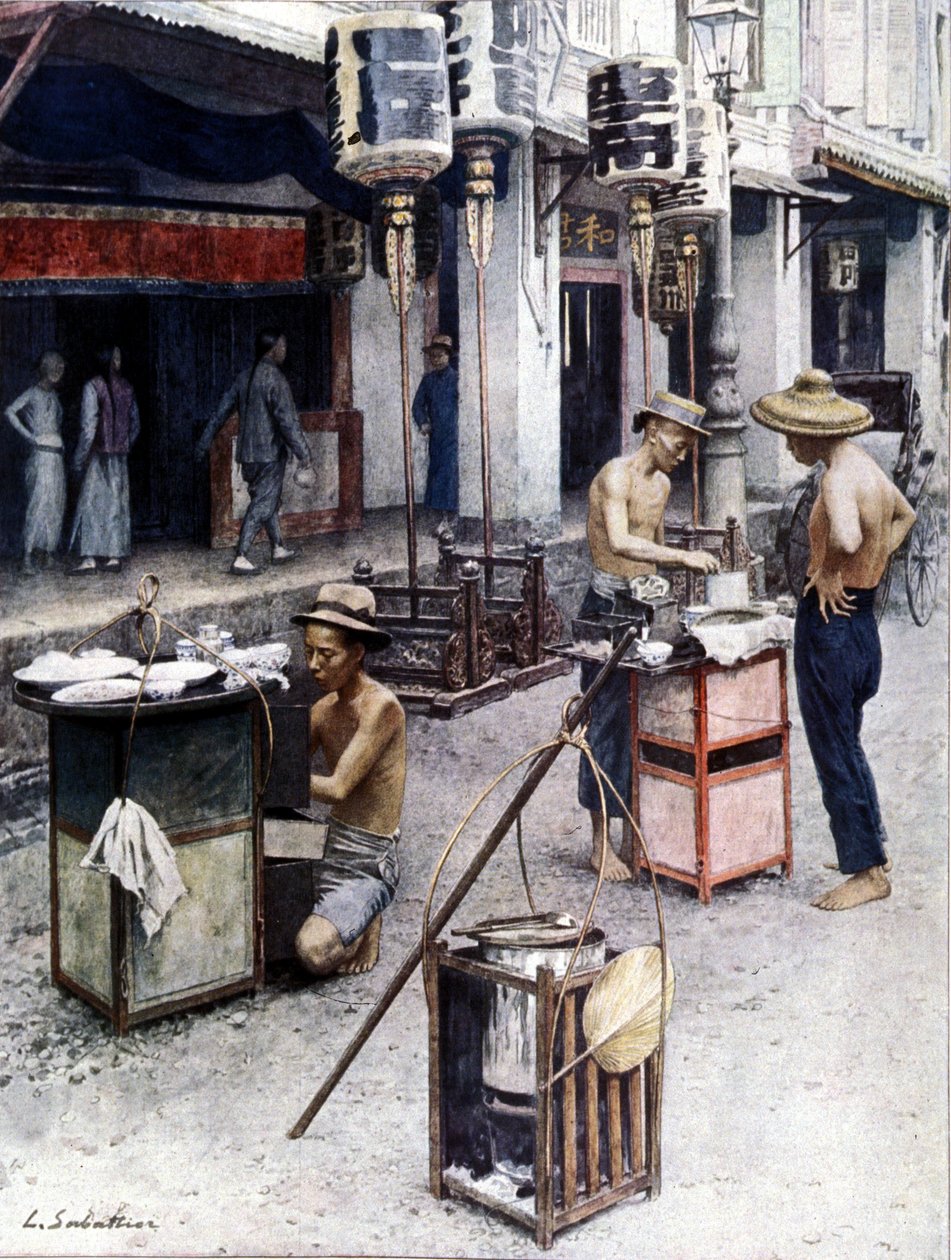 新加坡唐人街的流动餐厅。 L. Sabatier 的插图。 19 世纪。 作者 路易·雷米·萨巴蒂尔