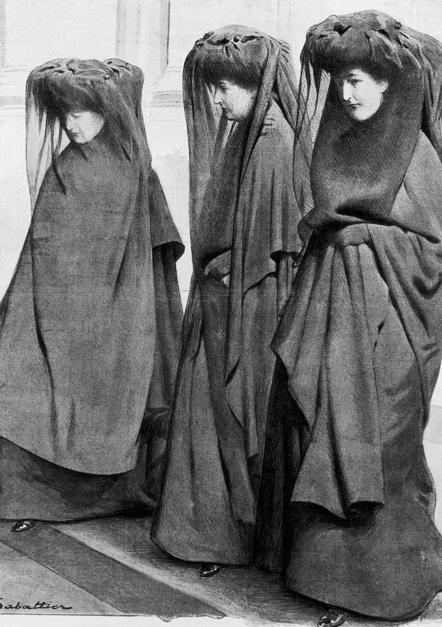 The princesses Louise, Stephanie and Clementine of Saxony Cobourg (Saxe-Cobourg) in mourning at the burial of their father King Leopold II of Belgium (1835-1909) in December 1909. Illustration by Louis Remy Sabattier (1863-1935) 作者 路易·雷米·萨巴蒂尔