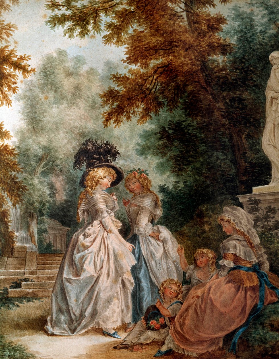 在花园里放松片刻，在优雅的年轻女性公园散步。 Louis Trinquesse (1746-1800) 18 世纪的水彩画。 巴黎，卡纳瓦莱博物馆 作者 路易斯·罗兰·特林克斯