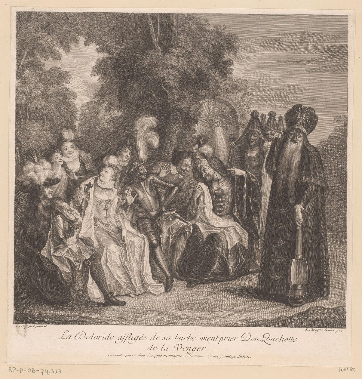 多洛丽德请求堂吉诃德为她复仇
La Doloride affligée de sa barbe vient prier Don Quichotte de la venger（标题见实物）
拉曼恰的堂吉诃德的历史（系列名称） 作者 路易斯·苏格