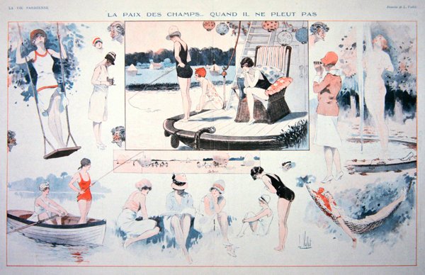 乡村的和平时光....，当它没有下雨的时候！，约1930年（彩色平版印刷）。 作者 路易斯·瓦莱特