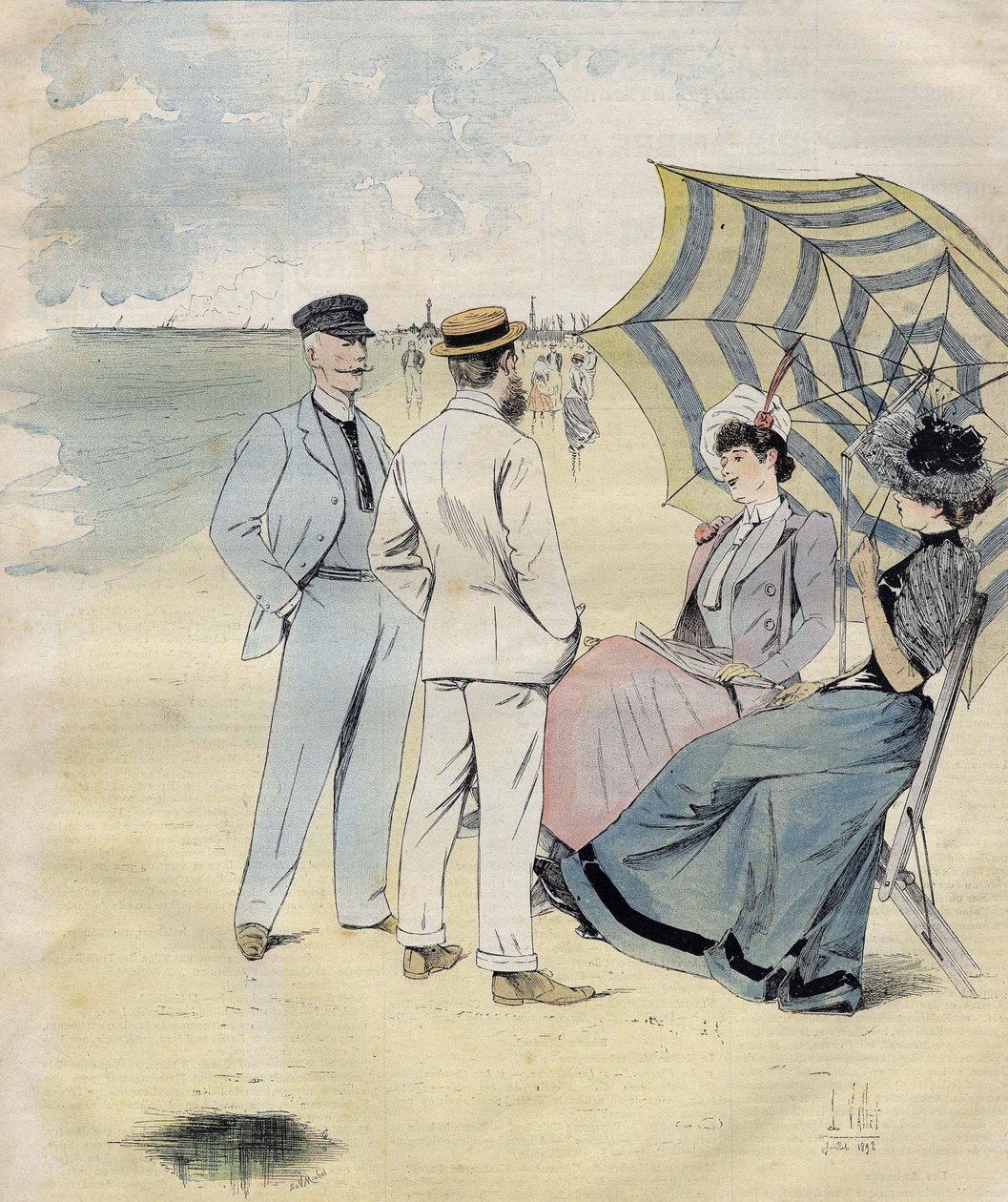 海水浴场：在海滩上。来自L. Vallet的水彩画。1892. 作者 路易斯·瓦莱特