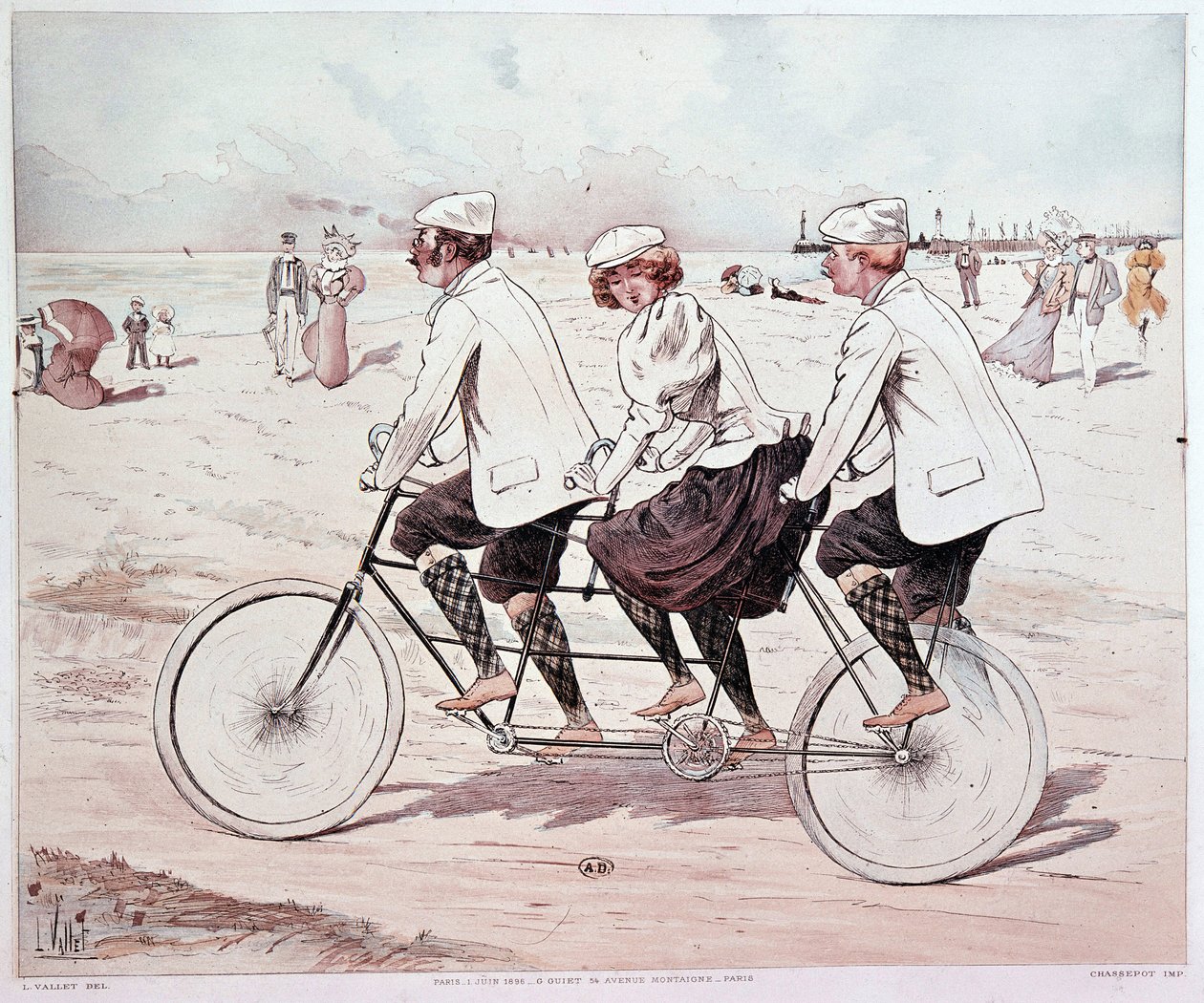 串联，三个人在沙滩上骑自行车 - L. Vallet 作画 作者 路易斯·瓦莱特