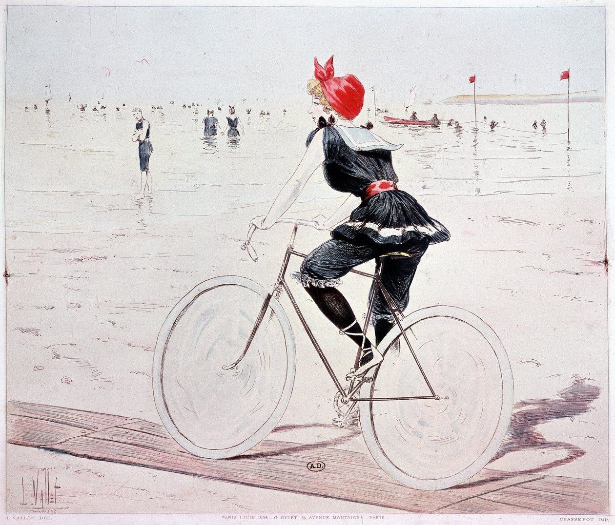 Woman on a bike on the beach - drawing by L. Vallet 作者 路易斯·瓦莱特