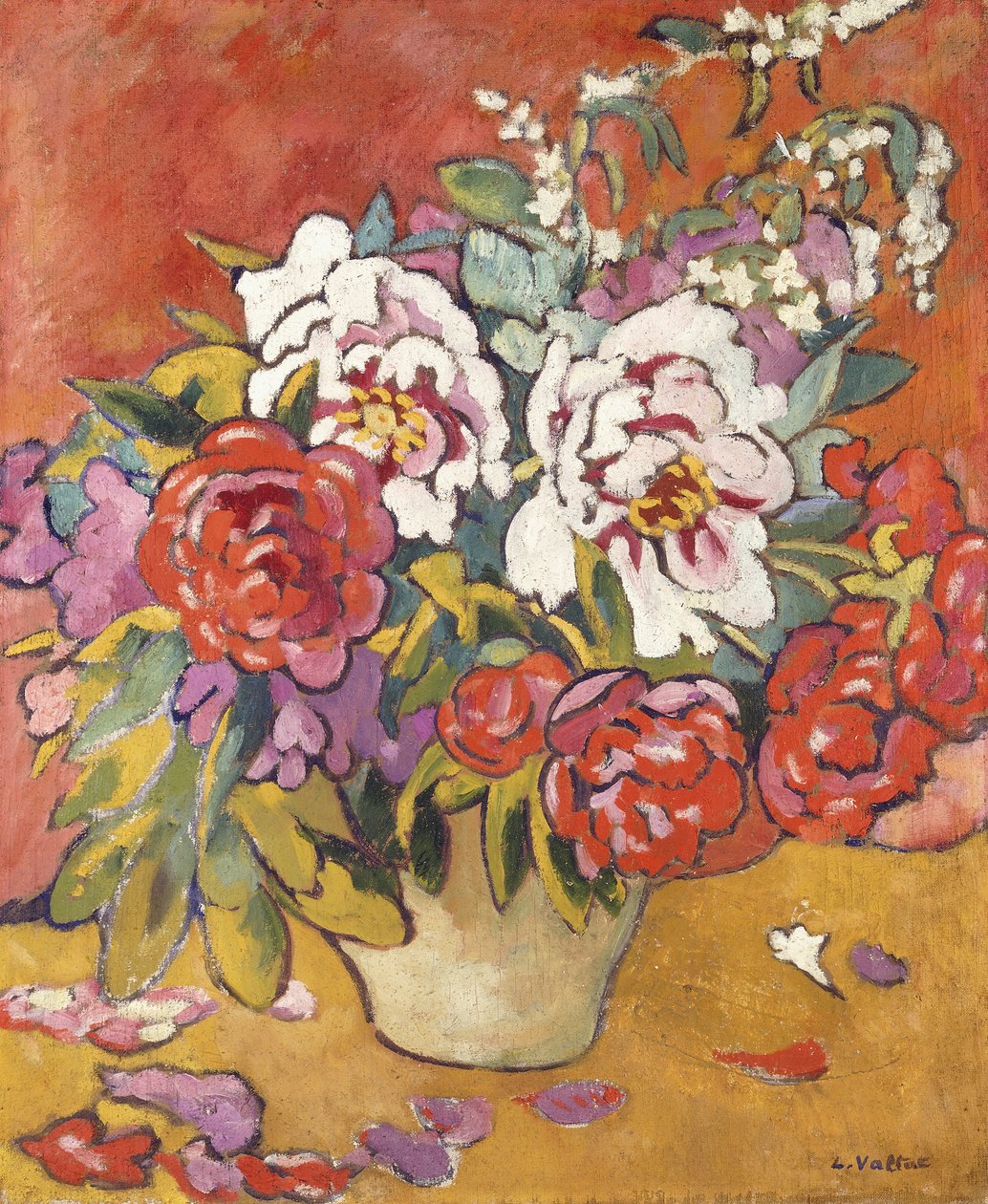 红色背景下水罐中的牡丹，c.1918（布面油画） 作者 路易斯·瓦尔塔特
