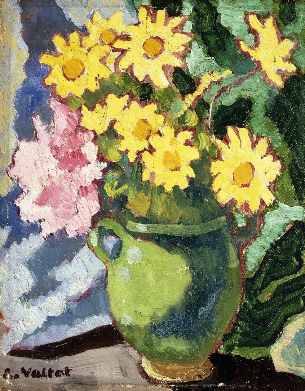 绿壶里的黄色雏菊； 黄色雏菊，绿色水罐 作者 路易斯·瓦尔塔特