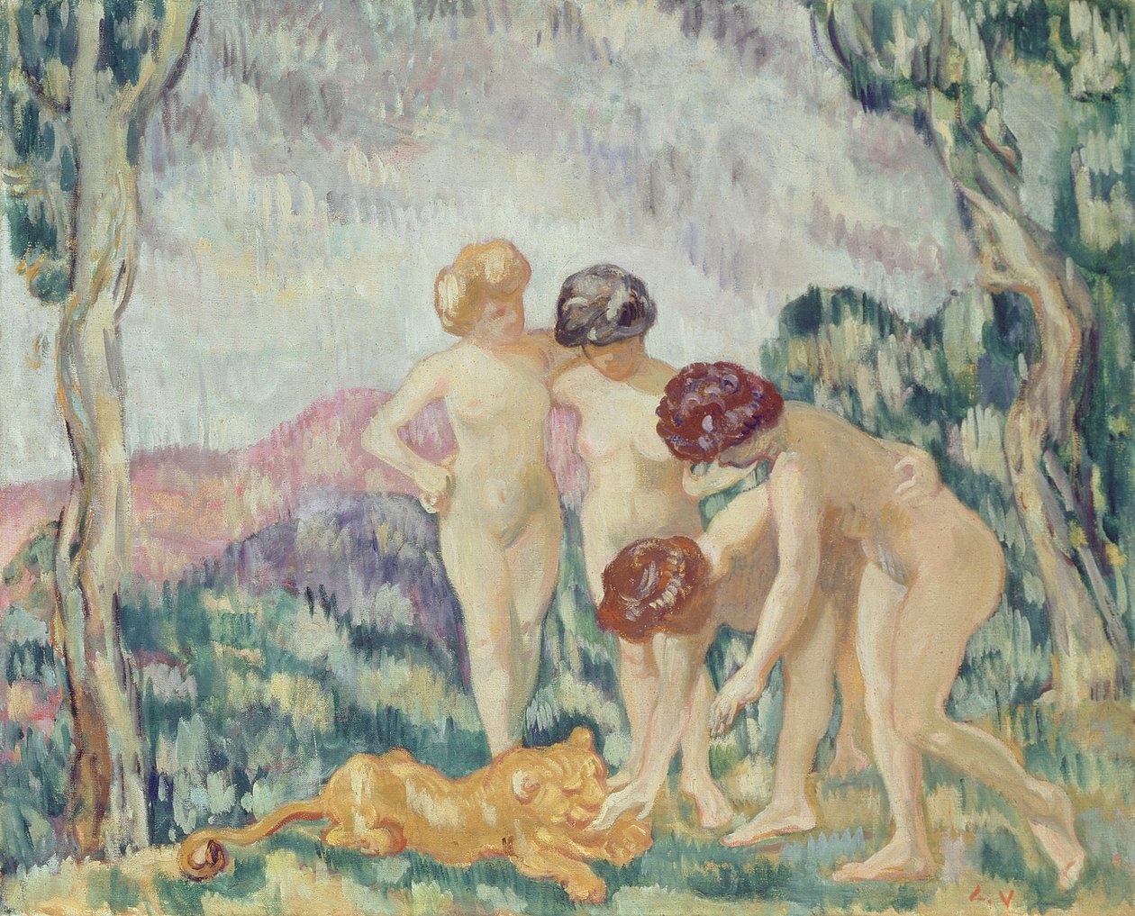 与幼狮玩耍的少女，约 1905-06 年（布面油画） 作者 路易斯·瓦尔塔特