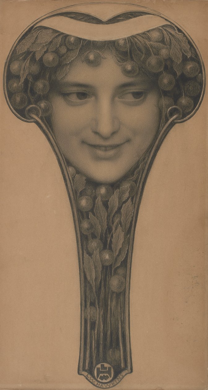面具，c.1900（黑色粉笔和浅棕色纸上的铅笔） 作者 路易斯·韦登·霍金斯