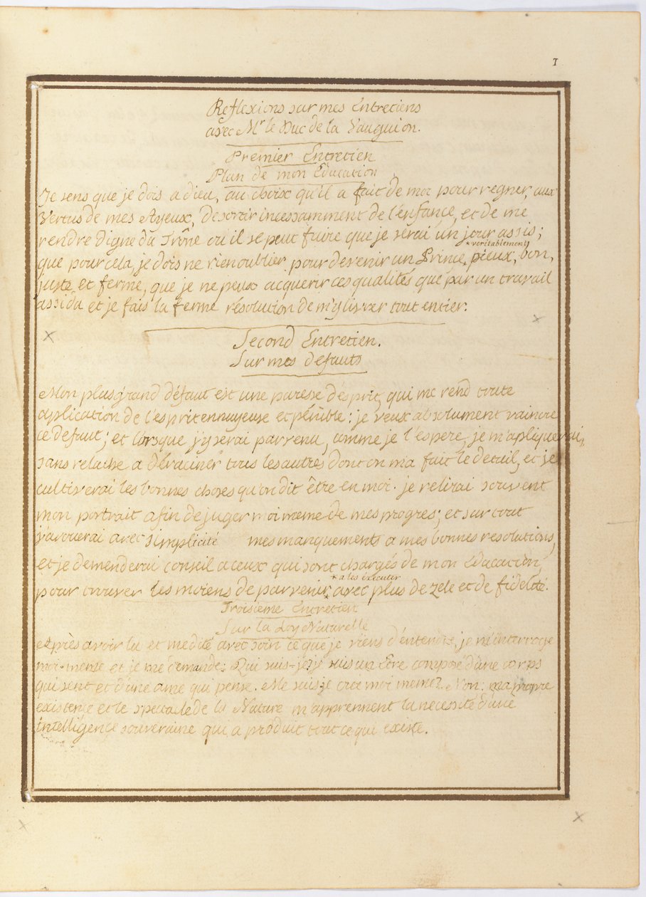 1767年1月至1769年初的亲笔签名，“对我对Le Duc de la Vauguyon先生的采访的反思” 作者 路易十六