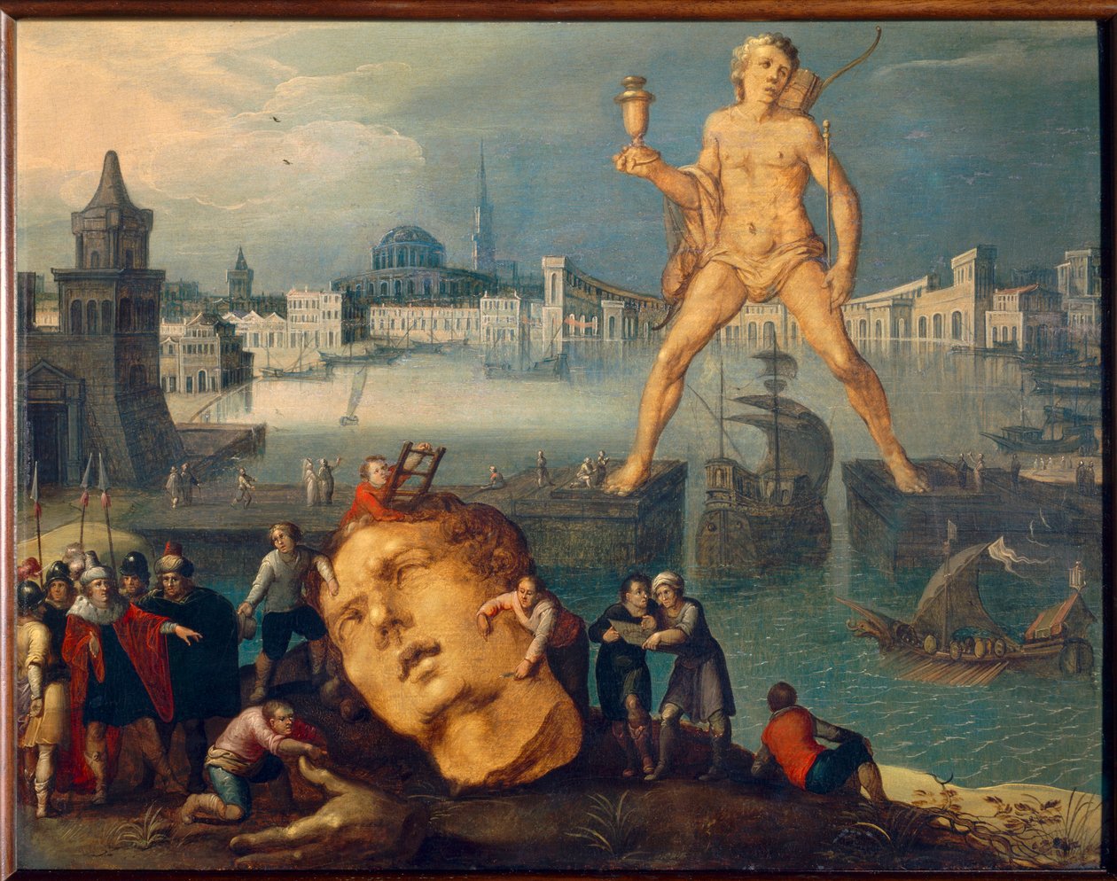 世界七大奇迹：“罗得岛巨像” (Colosso di Rodi) 由 Louis de Caullery（被称为列宁格勒草图大师）（大约 1580 年至 1621 年之后）绘画，17 世纪太阳。 0,35x0,46 米 作者 路易·德·考拉里
