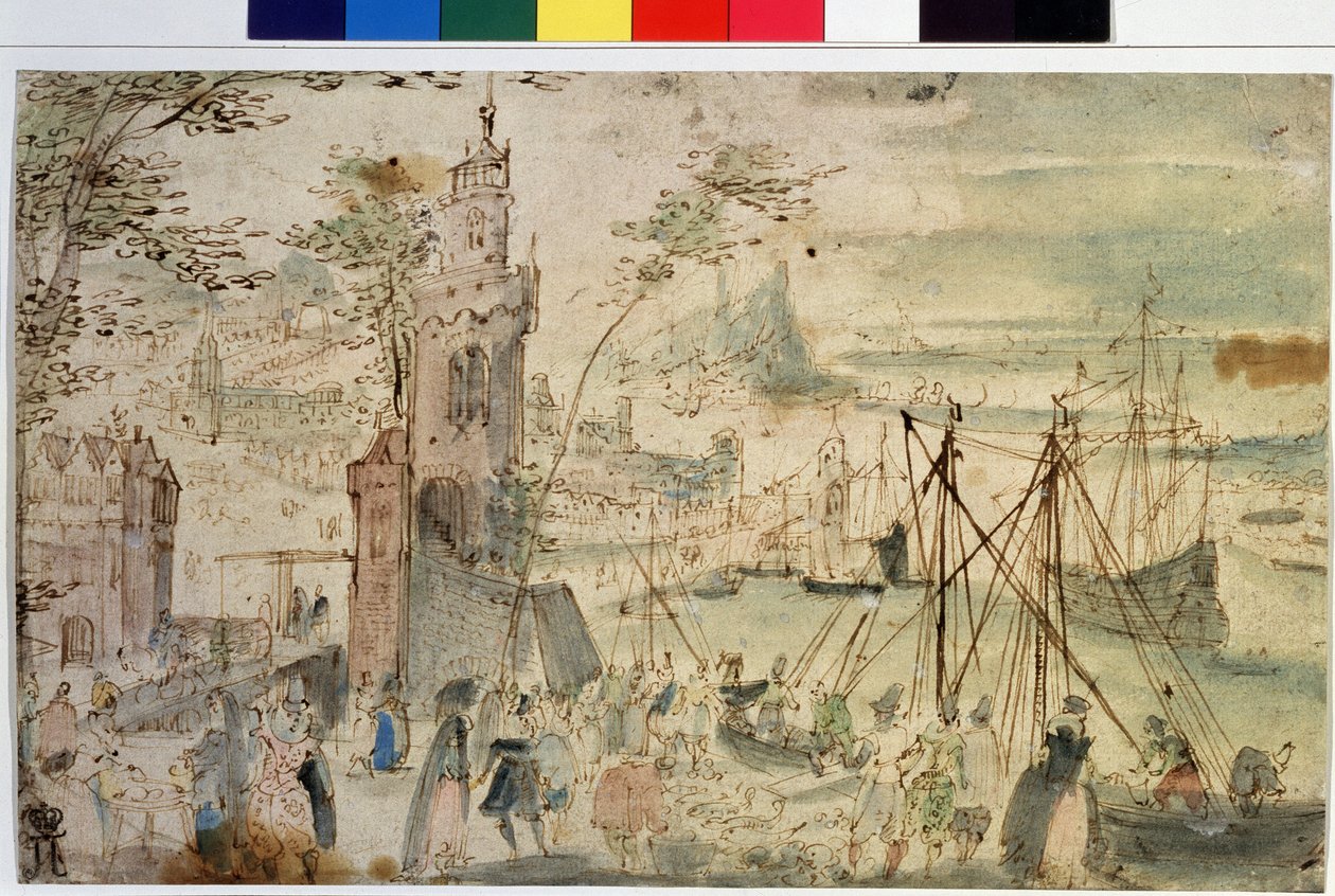 "港口景色 "荷兰港口。Louis de Caulery（被称为列宁格勒素描本大师）（约 1580 年至 1621 年后）的水彩和钢笔画 17 世纪，俄罗斯莫斯科普希金博物馆 作者 路易·德·考拉里