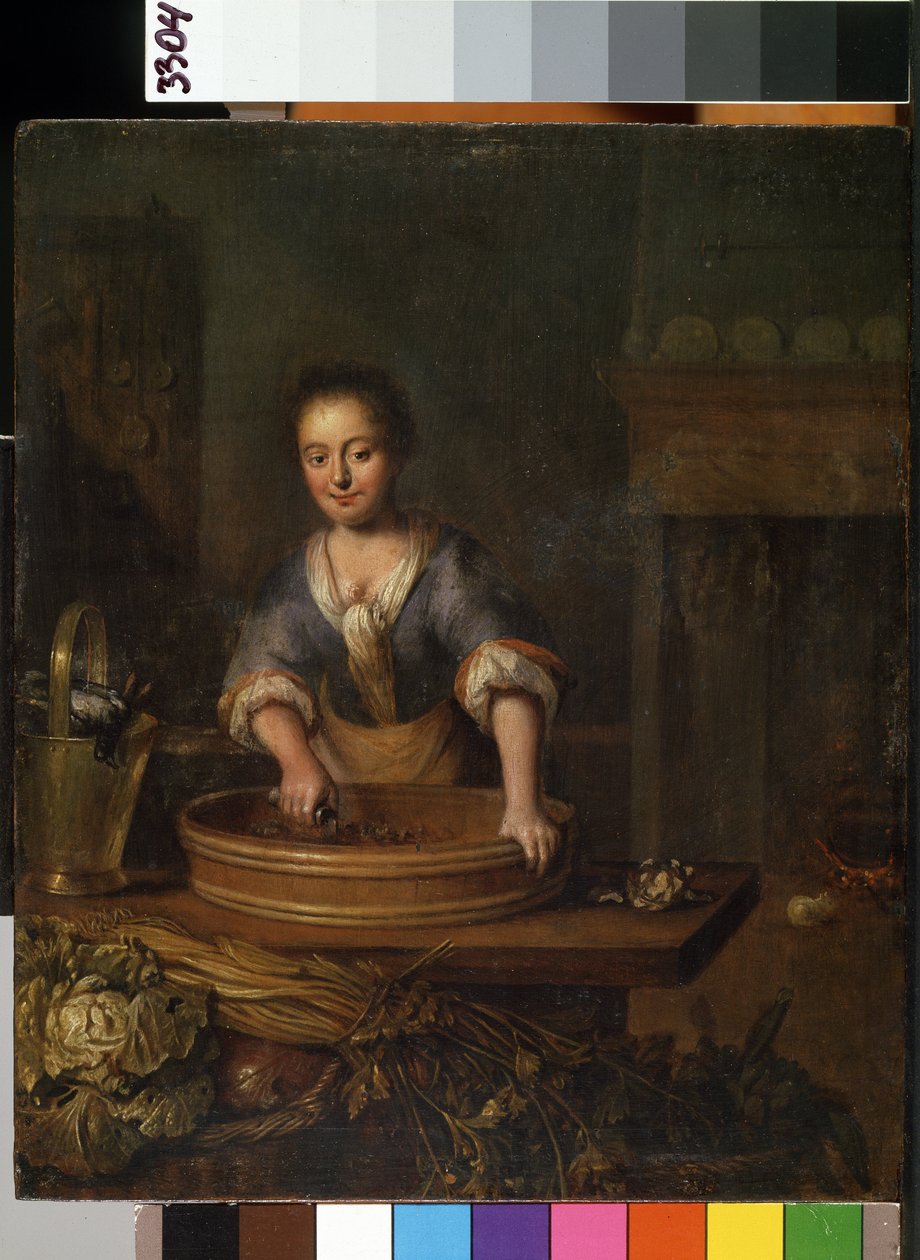 "乡村厨房里准备卷心菜的年轻厨师。路易-德-莫尼（1698-1771 年）的绘画作品 立陶宛考纳斯 Mikalojus Konstantinas Ciurlionis 美术博物馆 作者 路易·德·莫尼