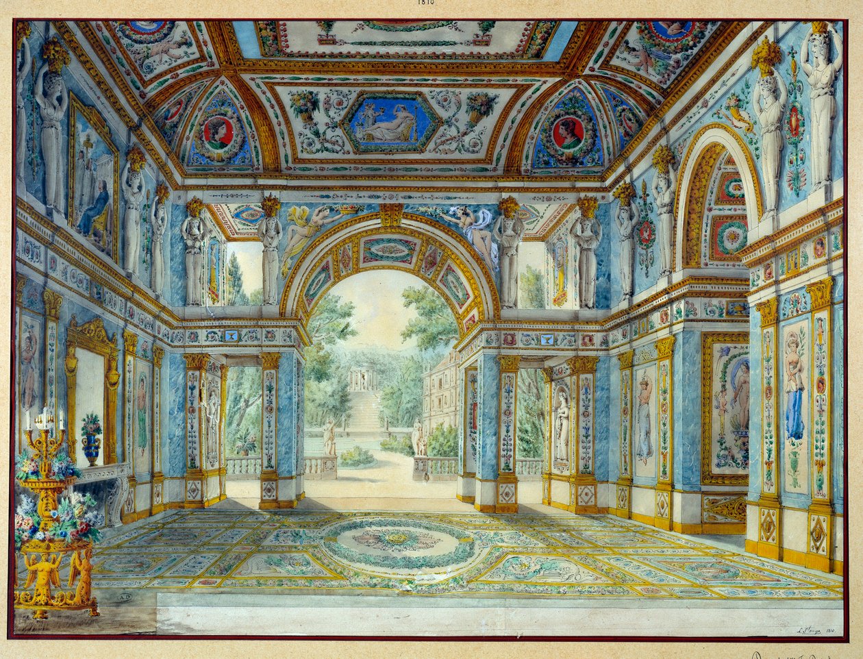 通向公园的宫殿门廊。Louis De Saint Ange（1780-1831 年）的雕刻作品 作者 路易·德·圣安热
