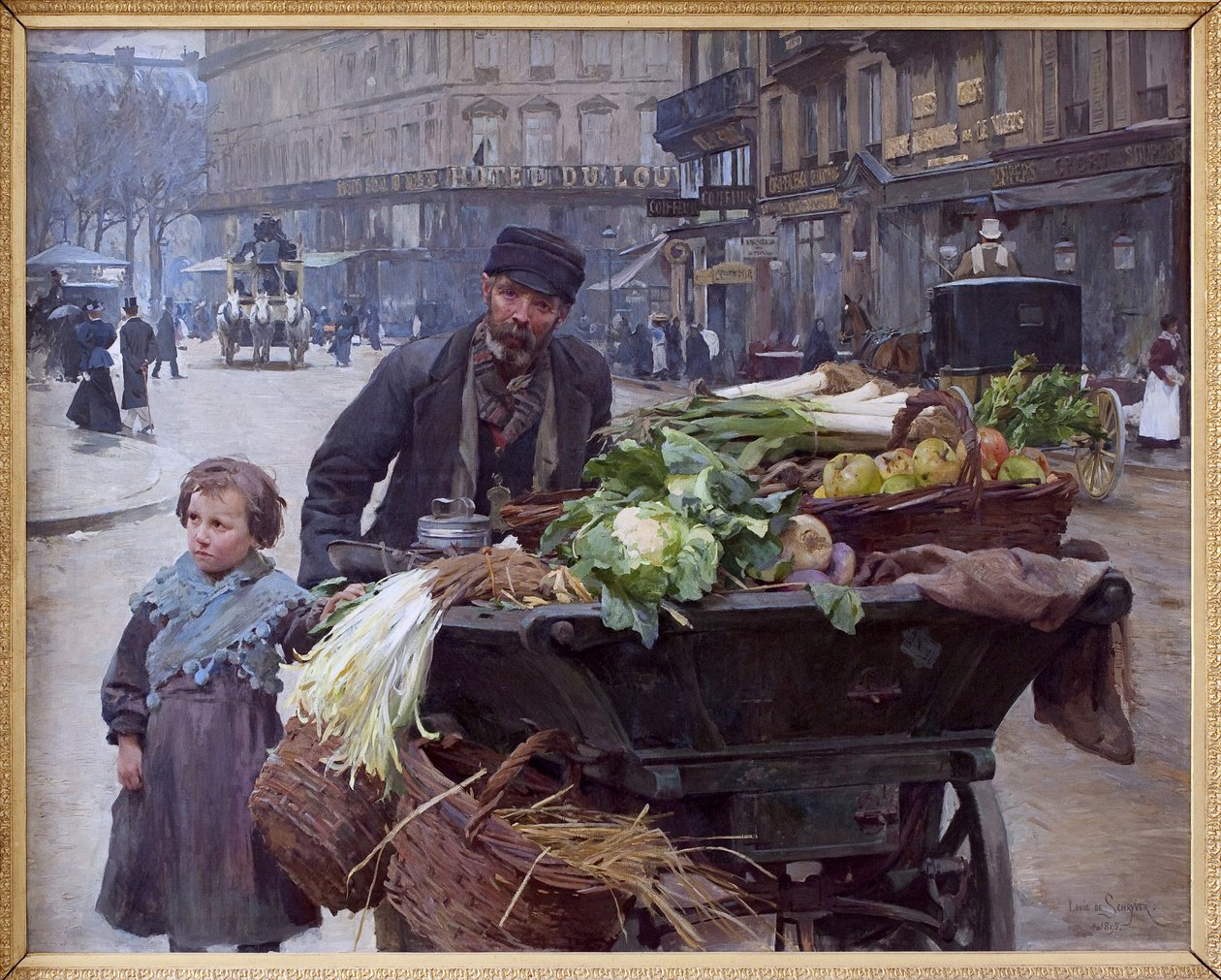 巴黎四季商人。 在他身后，卢浮宫酒店（第一区） Louis Marie de Schryver（1862-1942）的绘画，布面油画 作者 路易斯·德·史瑞佛