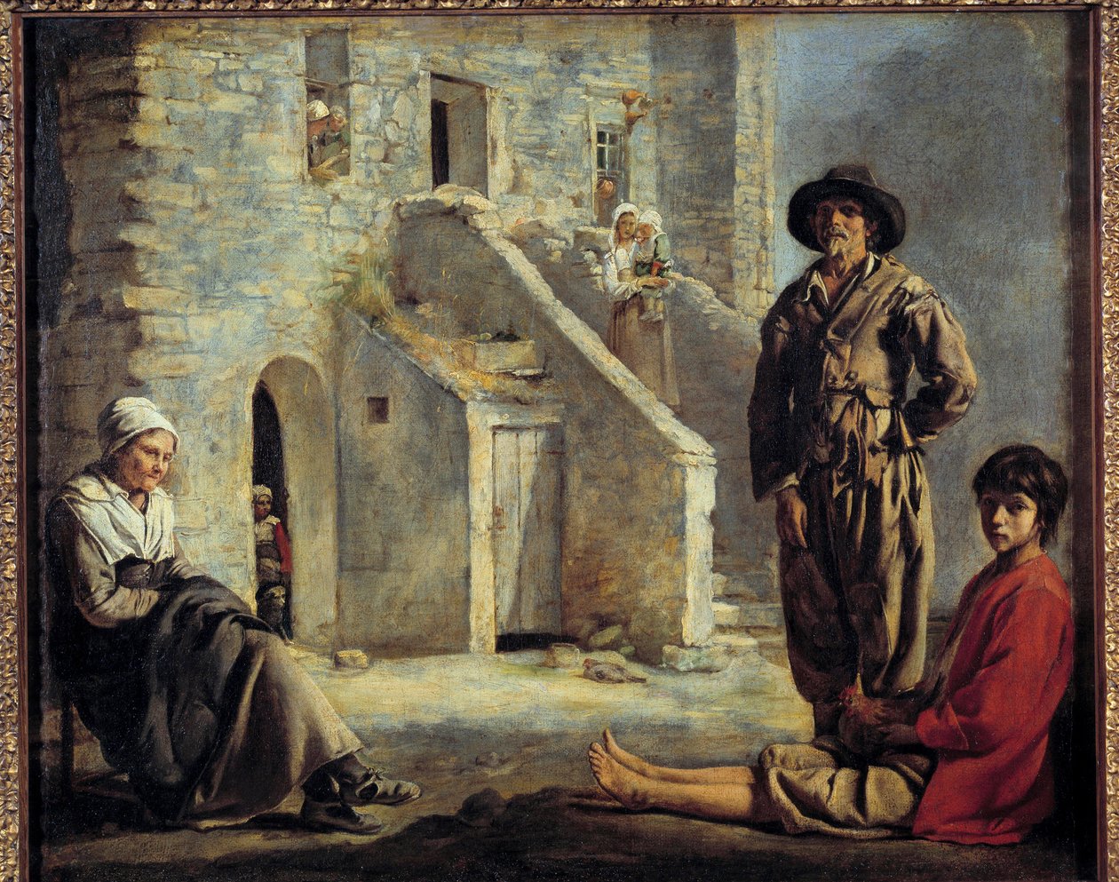 他们家门前的农民。 路易斯·勒南 (Louis Le Nain) 的绘画 (1593-1648) 作者 路易·勒·奈恩