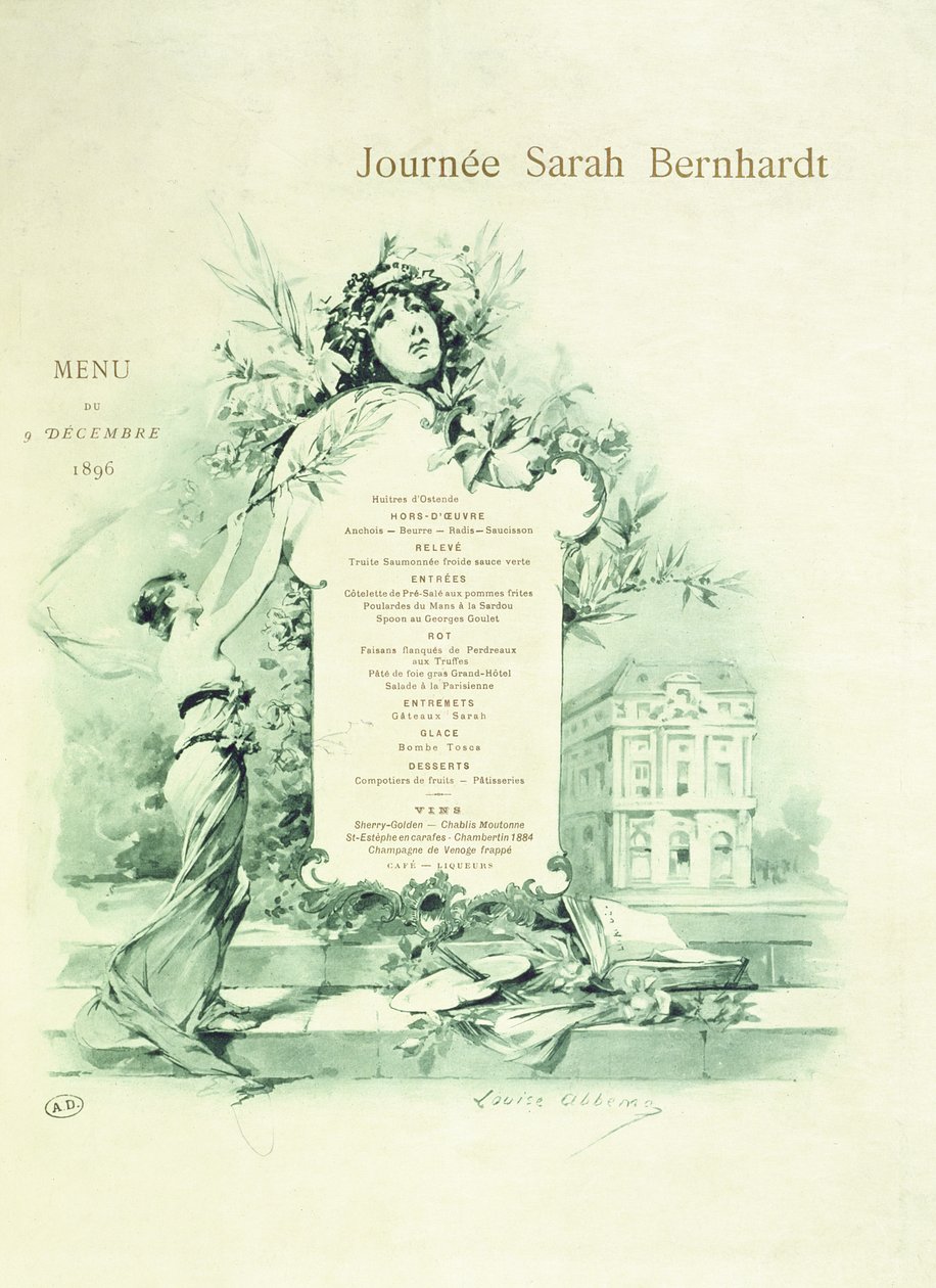 Sarah Bernhardt Day的菜单，1896年12月9日 作者 路易丝·阿贝玛